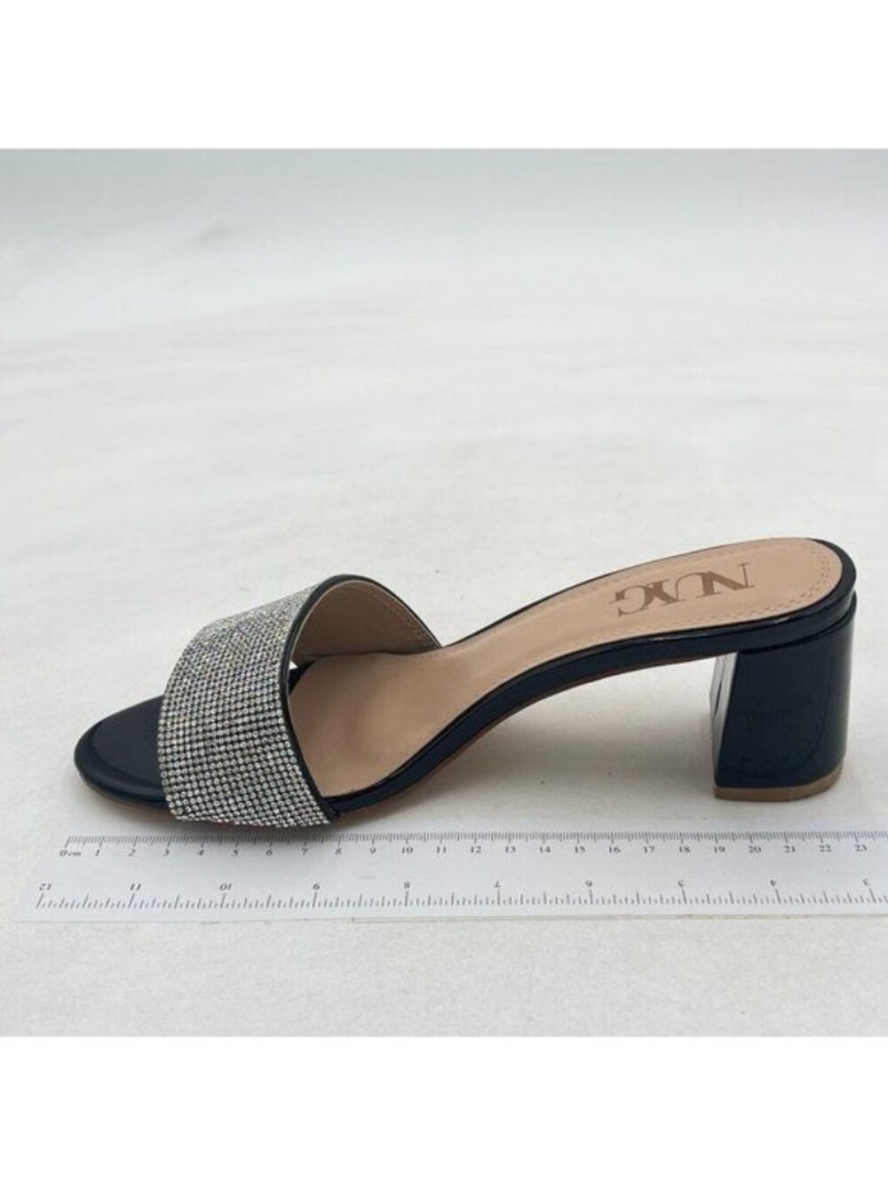 Black Pointed Open Toe Mid Heel Slides Rhinestone Heeled Chunky Sandal Shoes